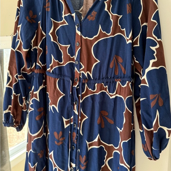 Boden Blue and Brown Long Sleeve Sundress with Bishop Sleeves - Picture 2 of 6